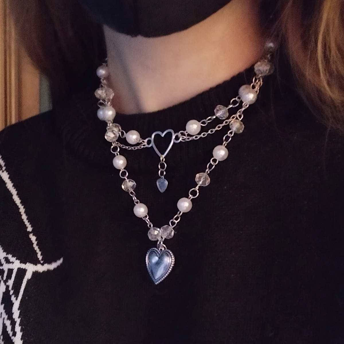 1 szt. Urocza wielowarstwowa imitacja choker z srebrnym akcentem serca – Idealny prezent urodzinowy, modna biżuteria Y2K z kryształami do codziennego noszenia i na specjalne okazje