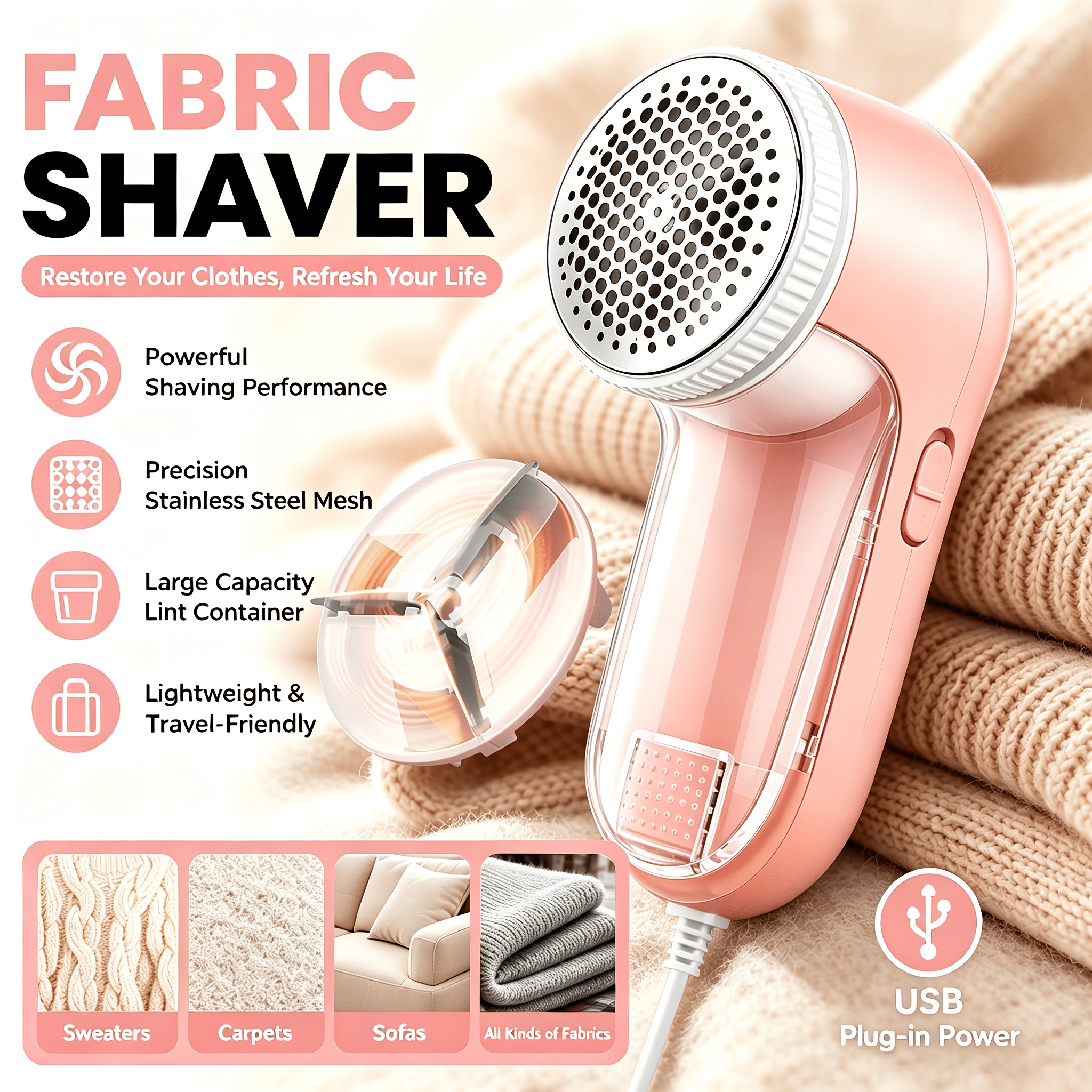 TEMU Powerful Usb-powered Fabric Shaver With Precision Mesh And Large-capacity Lint Bin, Suitable For Sweaters, Carpets, Sofas, Blankets, And Fabrics