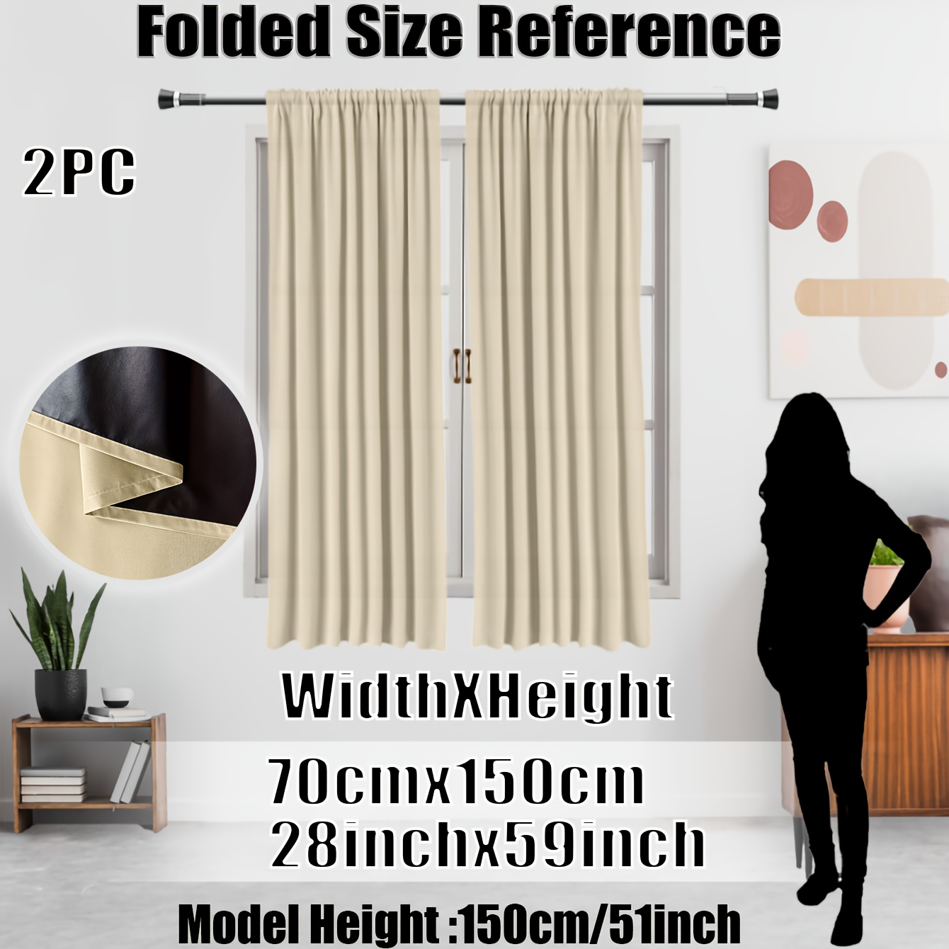 TEMU Pack Of 2, Classic Solid Color 100% Blackout Kitchen Curtains, 8 Colors , Top Rod Pocket, Black Lined Coating, Protection, Privacy Protection, ,