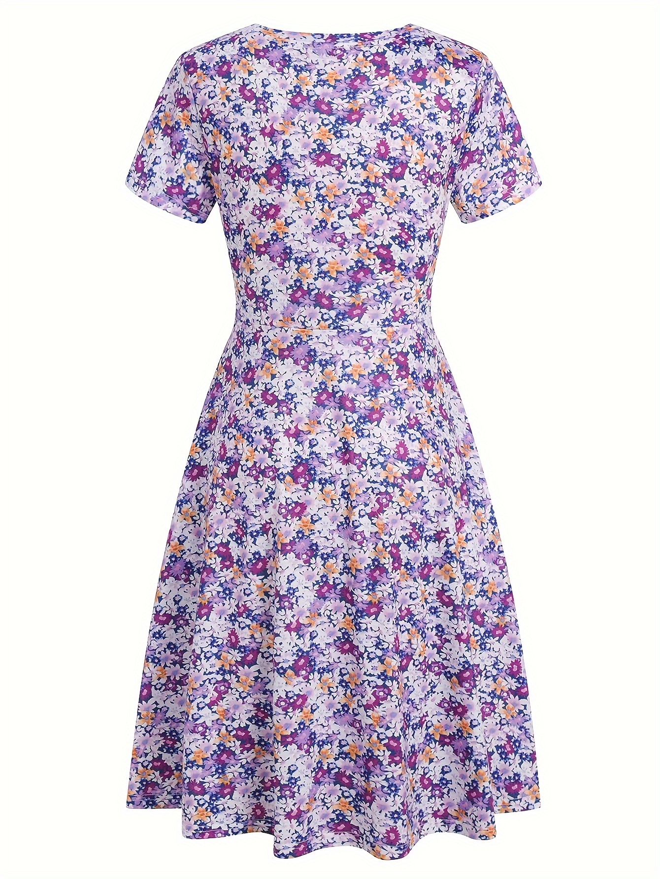 floral print crew neck dress vintage short sleeve a line dress for spring summer womens clothing purple 1