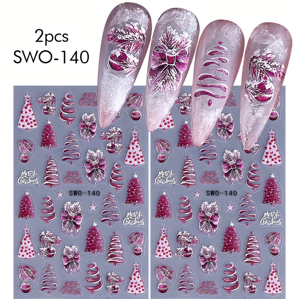 2 Sheets Embossed Pink Purple Christmas 3d Nail Stickers Snowflake Bow Tie Christmas Tree Bells Ball Adhesive Nail Art Stickers Decals Diy Manicure Festive New Year Nail Decorations