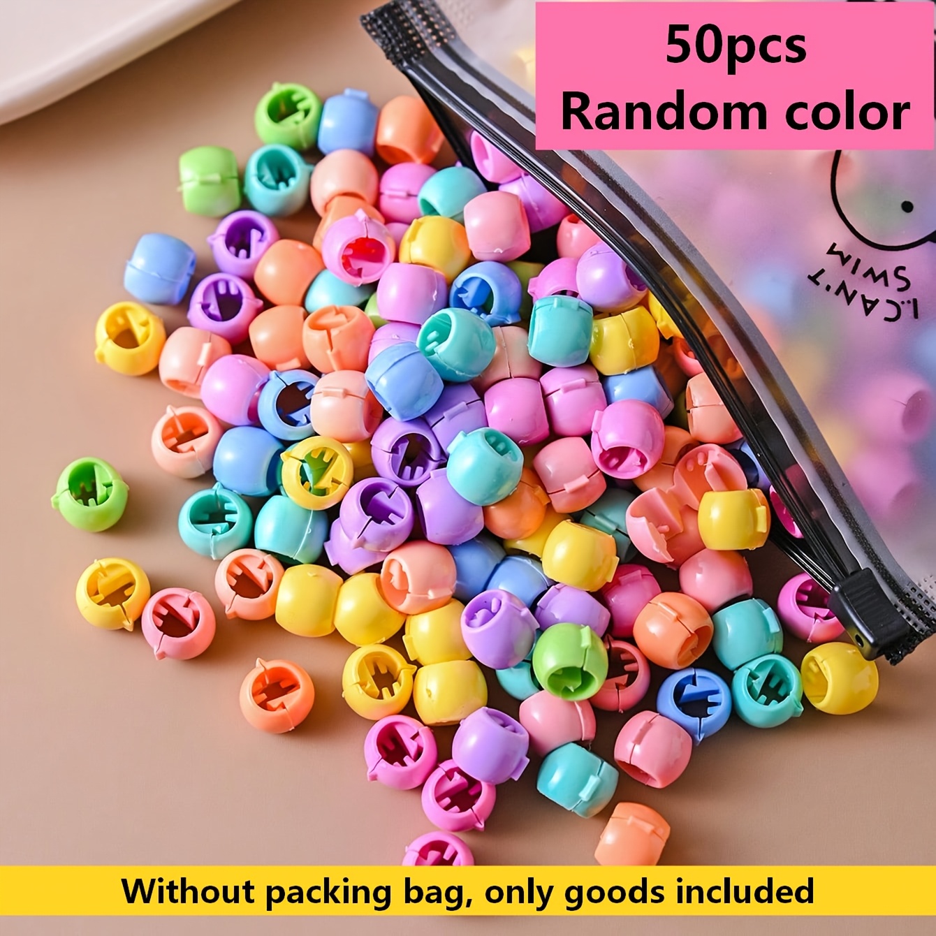 TEMU Random Colors, 50pcs Set, Ins-style Solid Round Hair Ties With Beads, Plastic Small Hair Clips, Side Bangs And Hair Braiding Decorative Clips,