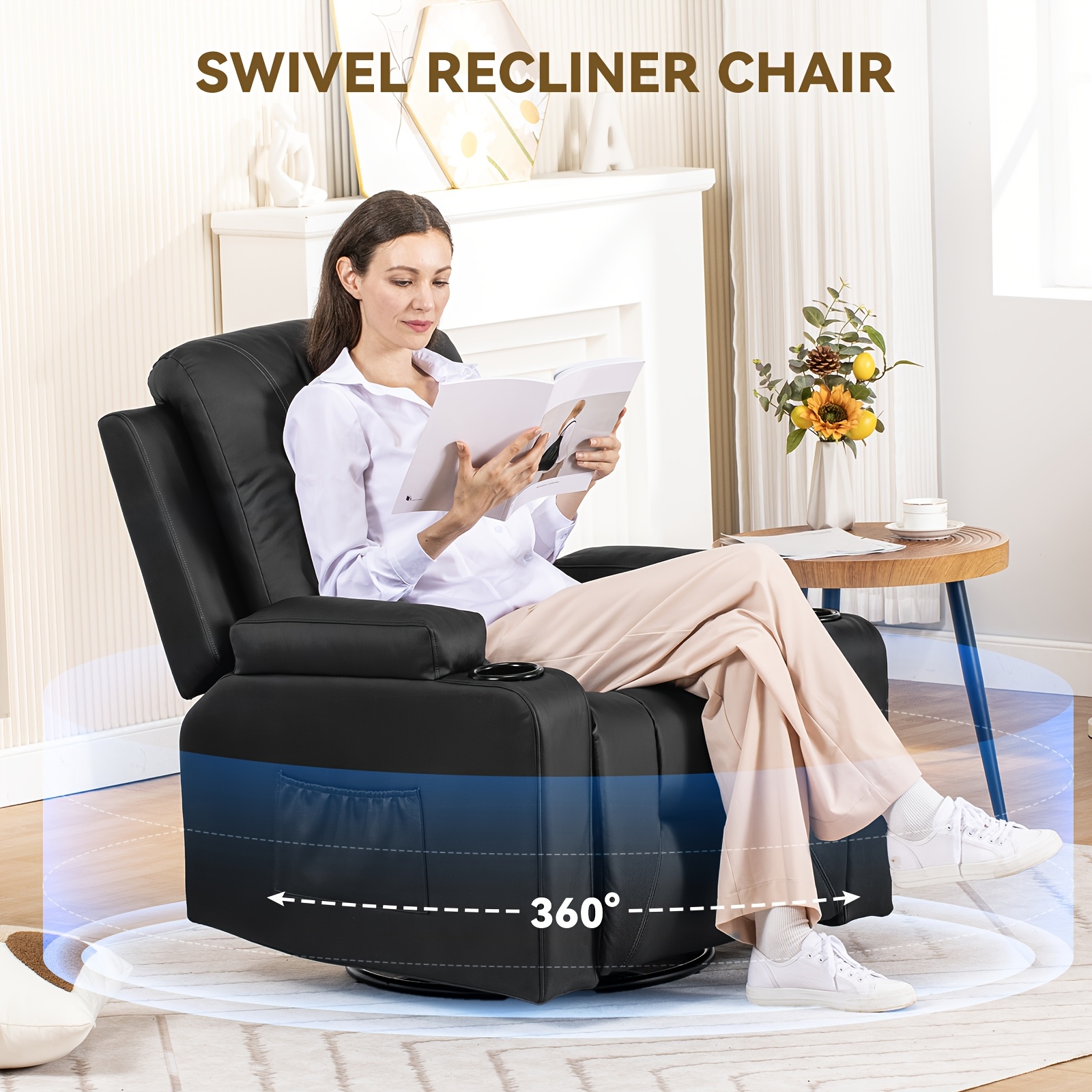 Adult Recliner PU Rocking Chair, Swivel Recliner With Cup Holder, Heating  And Massage, Single Sofa Seat With Side Pockets, Suitable For Living Room, B