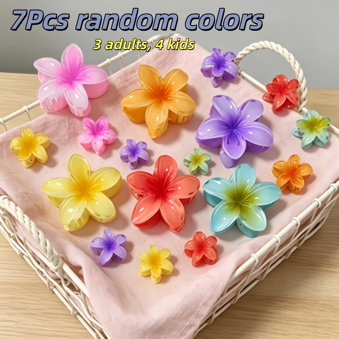 TEMU 7pcs Random Color Jelly Gradient (3 Large, 4 Small) Plumeria Hair Additions, Large And Small Flower Hair Additions, Women's Beach Trip And Photo