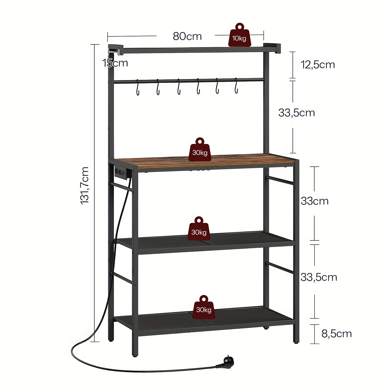 TEMU Estante de cocina multifuncional - Estante vertical para microondas con toma de corriente, estante para pan de 4 niveles y 6 ganchos en S para
