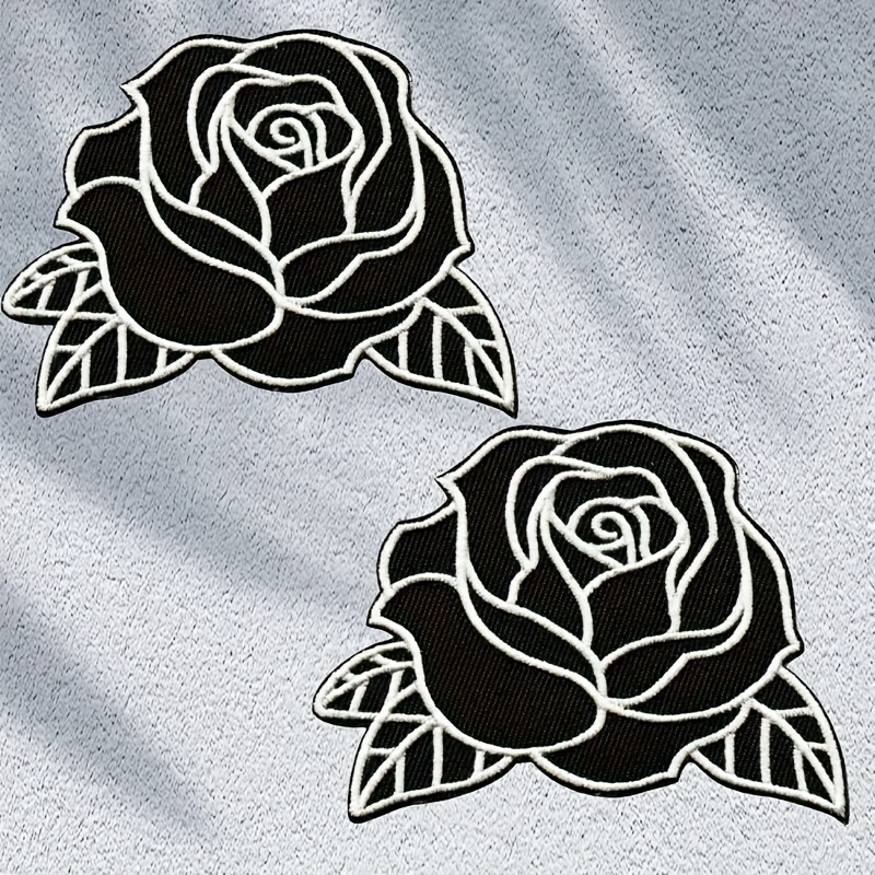 TEMU 2pcs Rose Embroidery Patches - Black And White Elegant Delicate Decoration Gift Additions - Jacket Jeans Skirt Cloth Sticker