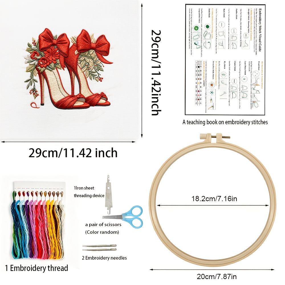 Complete DIY Embroidery Kit, Vintage Red High Heel & Floral Bow Design