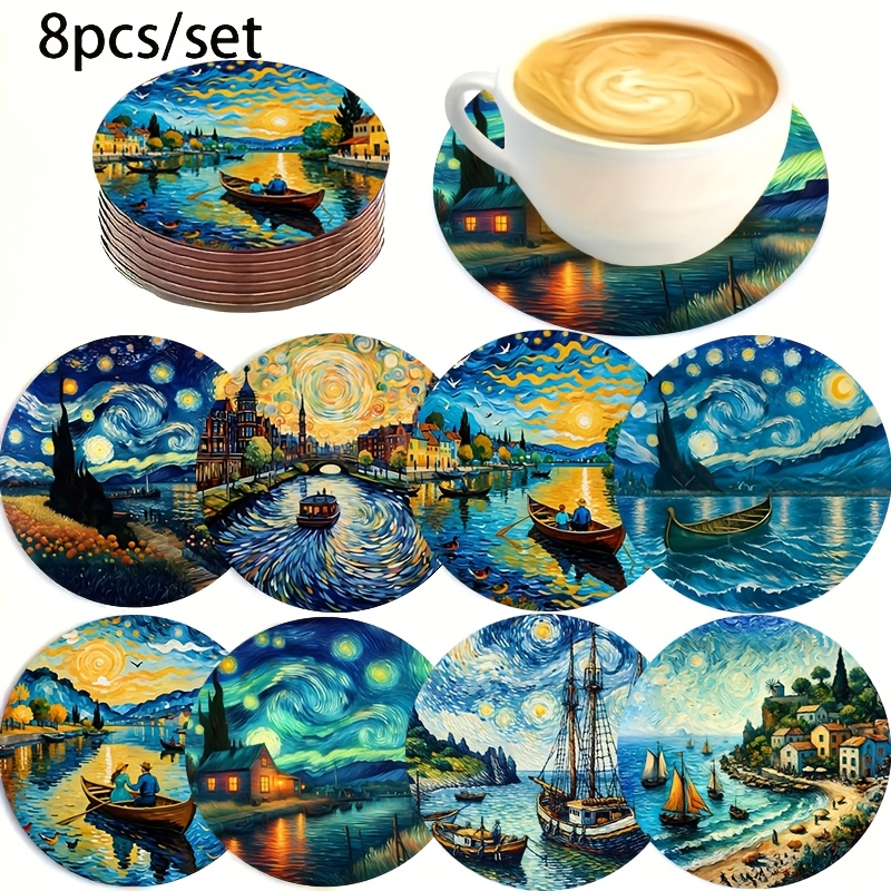 TEMU 8pcs Van Gogh Coasters Suitable For Housewarming & Wedding Gifts - Wood Table Protectors With Van Gogh Paintings, -resistant Drink Pads, Modern