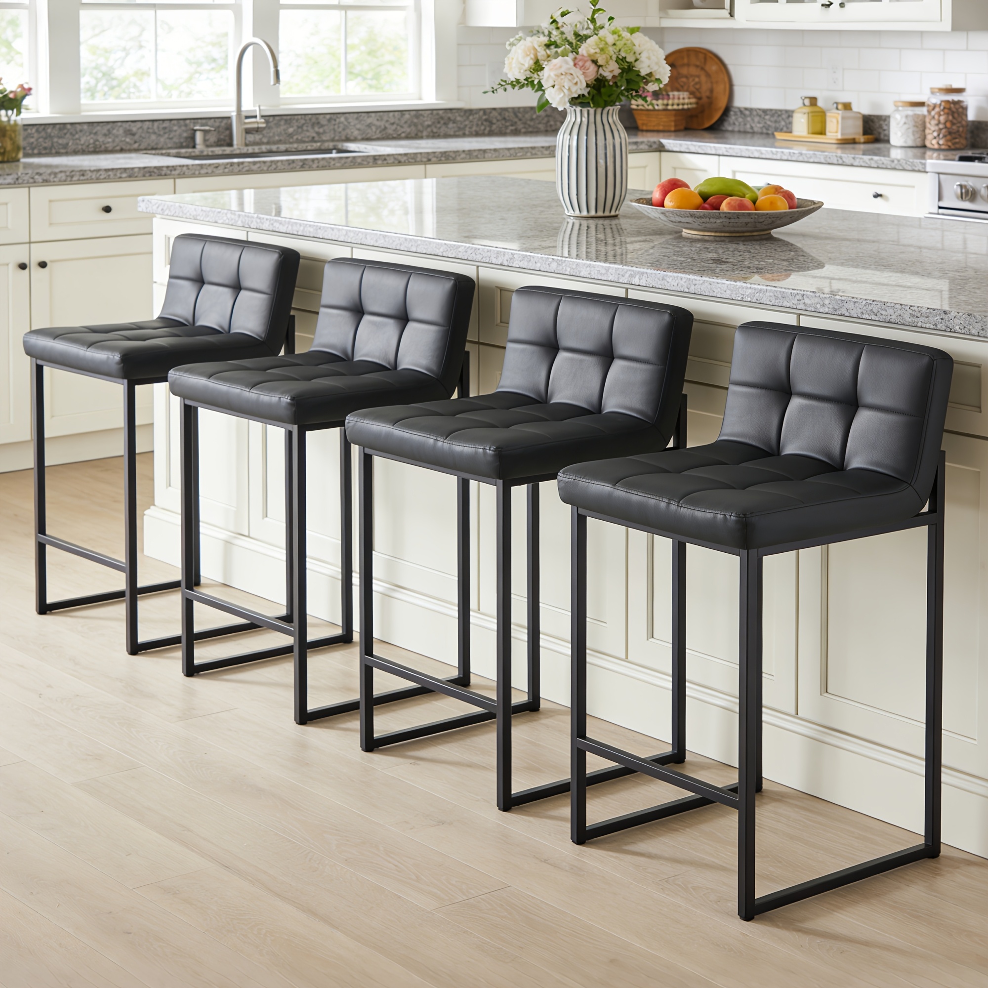 DMKAI Set Of 2 Modern Counter Height Bar Stools - Black Faux Leather Upholstered, Diamond-Tufted Seat, Sturdy Black Metal Cantilever Base with Footrest | Minimalist Bar Stools for Kitchen Island