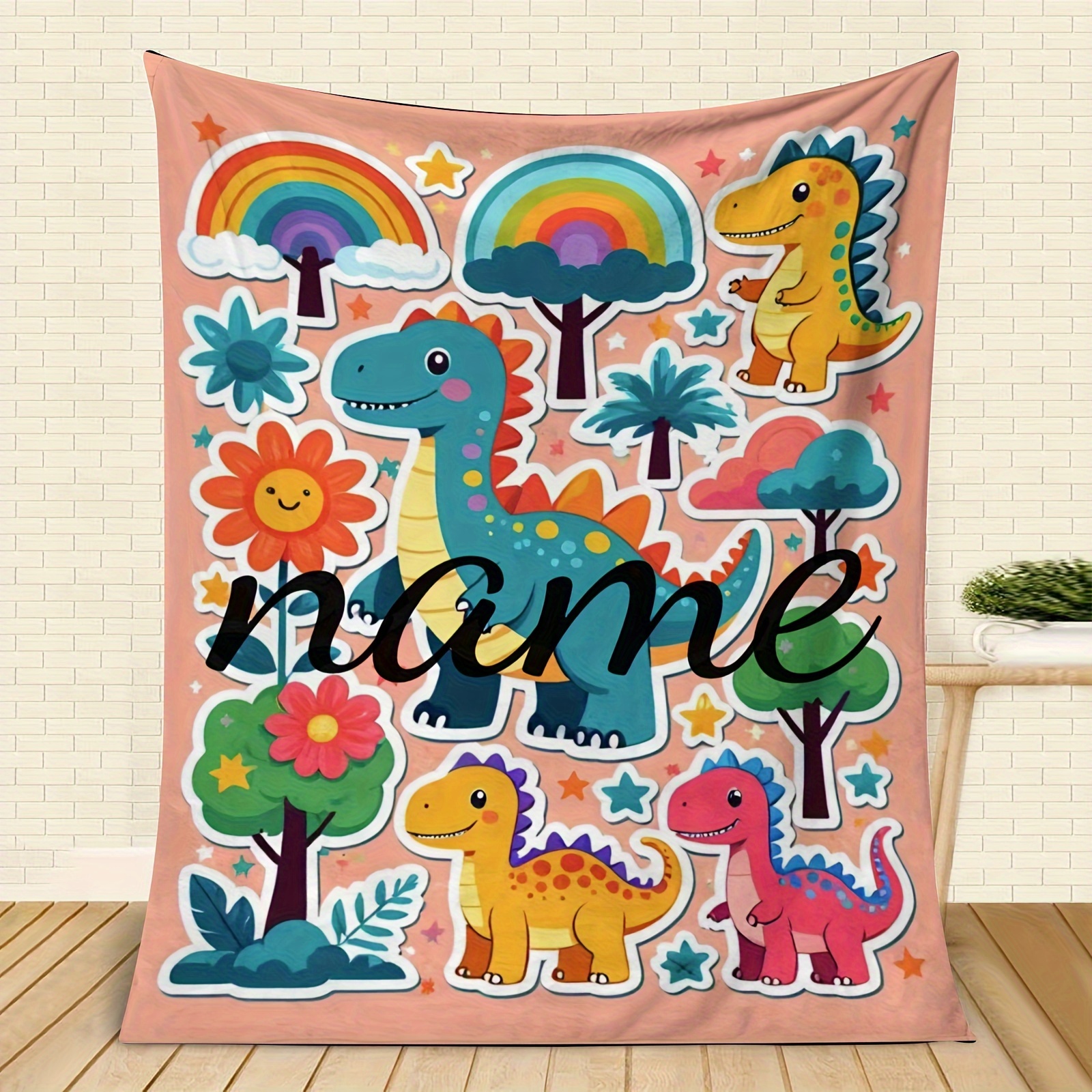 

Customizable Dinosaur Cartoon Blanket - Soft Flannel, Throw For Couch, Bed, Office & Travel - Cozy Nap Blanket With Personalized Text Option, Colorful, Cartoon Dinosaur, Blanket, Custom Text,