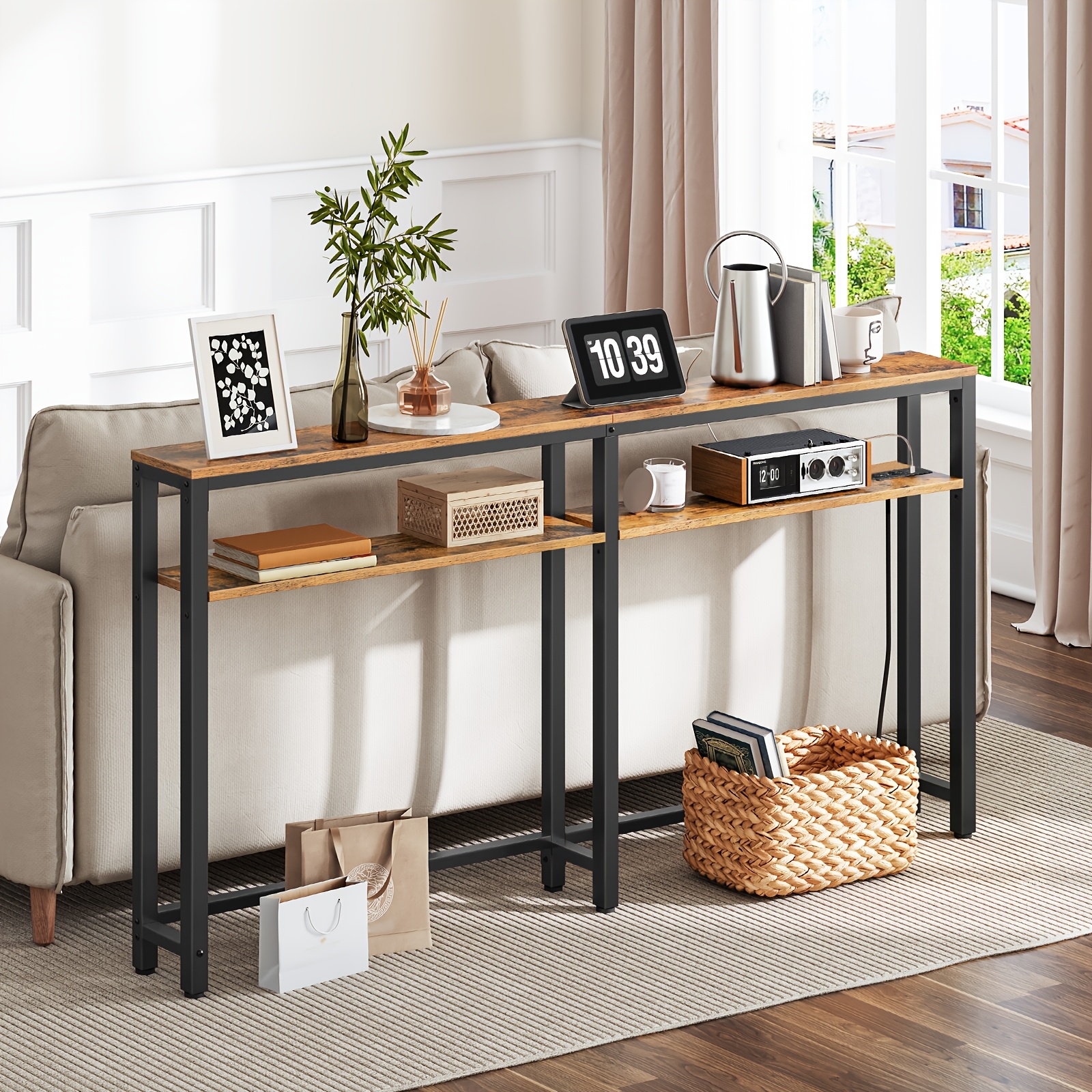 Double Layer Retro Style Narrow Console Table With Charging Station, Double Layer Entryway Table, Sofa Table, Suitable For Hallway, Living Room And Entrance, Space Practical Storage