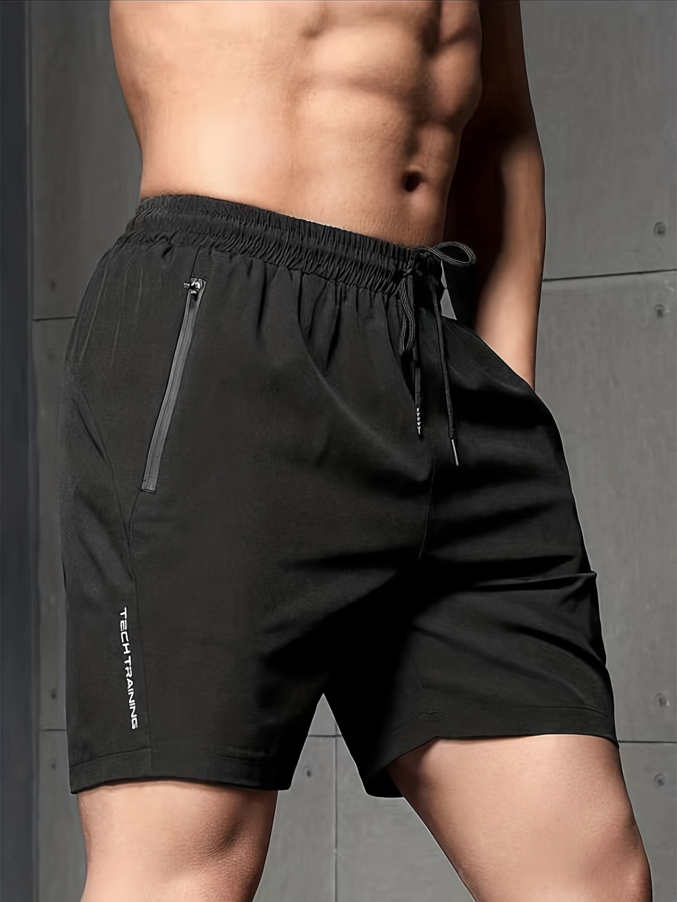 Men's Casual Black Drawstring Shorts with Zipper Pockets - Lightweight Polyester, Letter Print, Ideal for Summer Workouts & Beach Activities