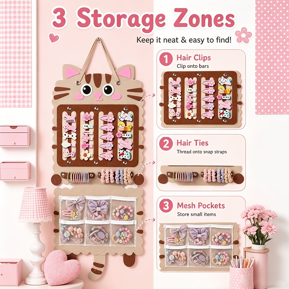 TEMU 1pc Cute Cat Hanging Organizer With Felt Wall-mounted Storage - Adorable Kitten-shaped & Fashion Glasses Holder, Mesh Door Decor Suitable For