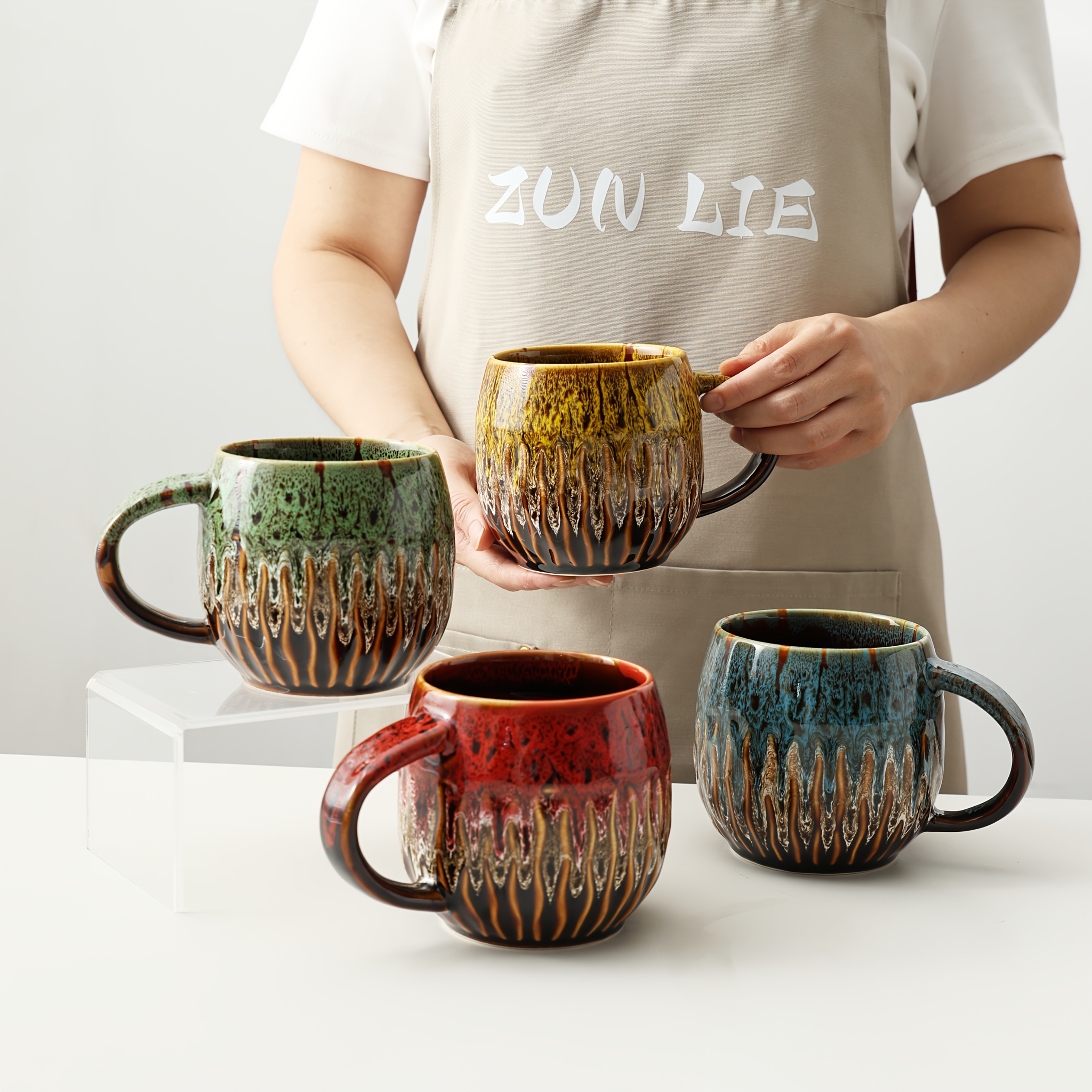 4-Pack Kiln-* Art Mugs (12oz): Iridescent Ceramic Coffee Cups - Stunning,  Unique Glaze Patterns - * Set