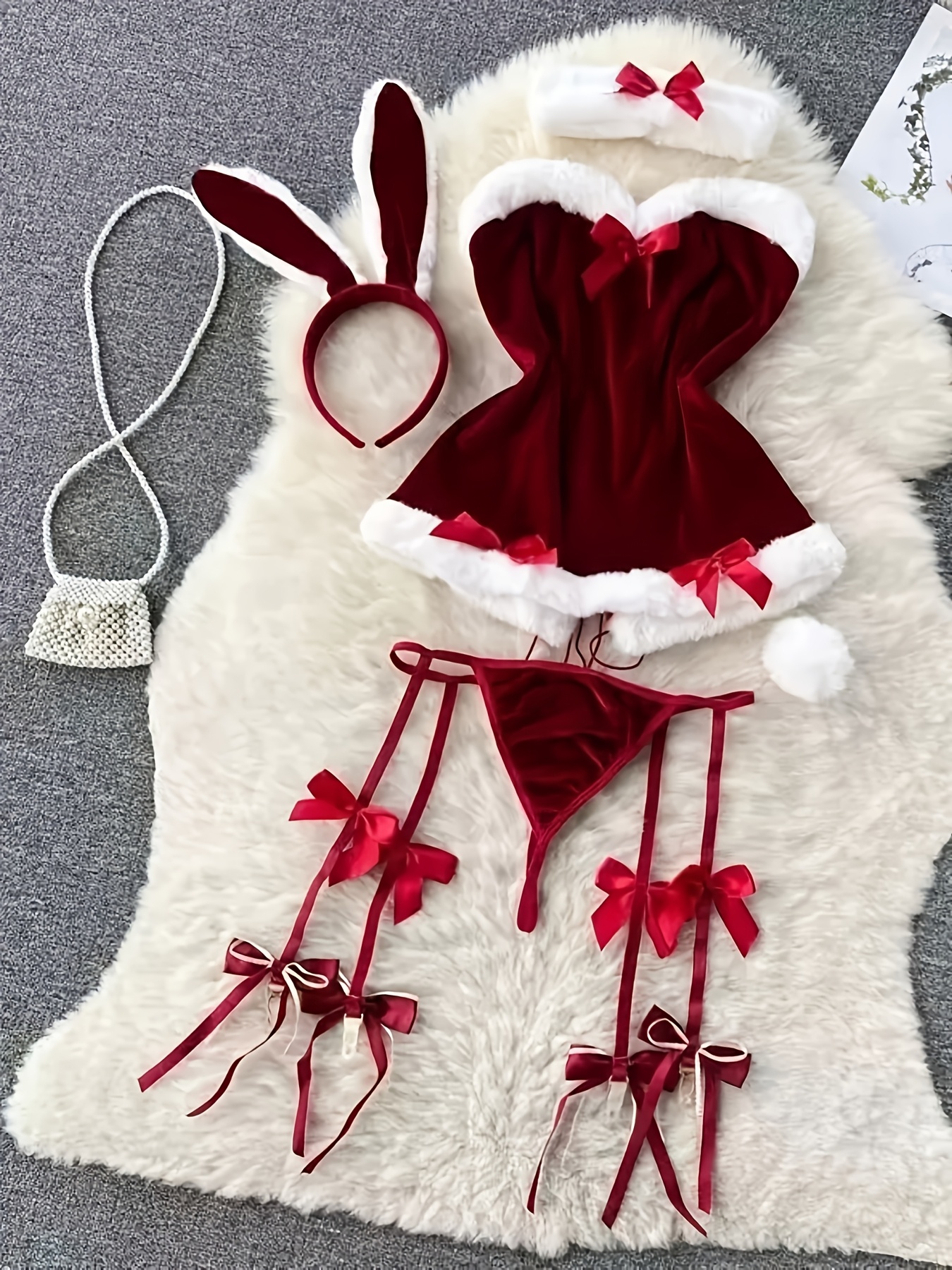 womens   santa claus costume elegant red lingerie set with   collar elastic waistband bow detail   christmas parties santa claus costume for women christmas party outfit festive attire   design Product details 4