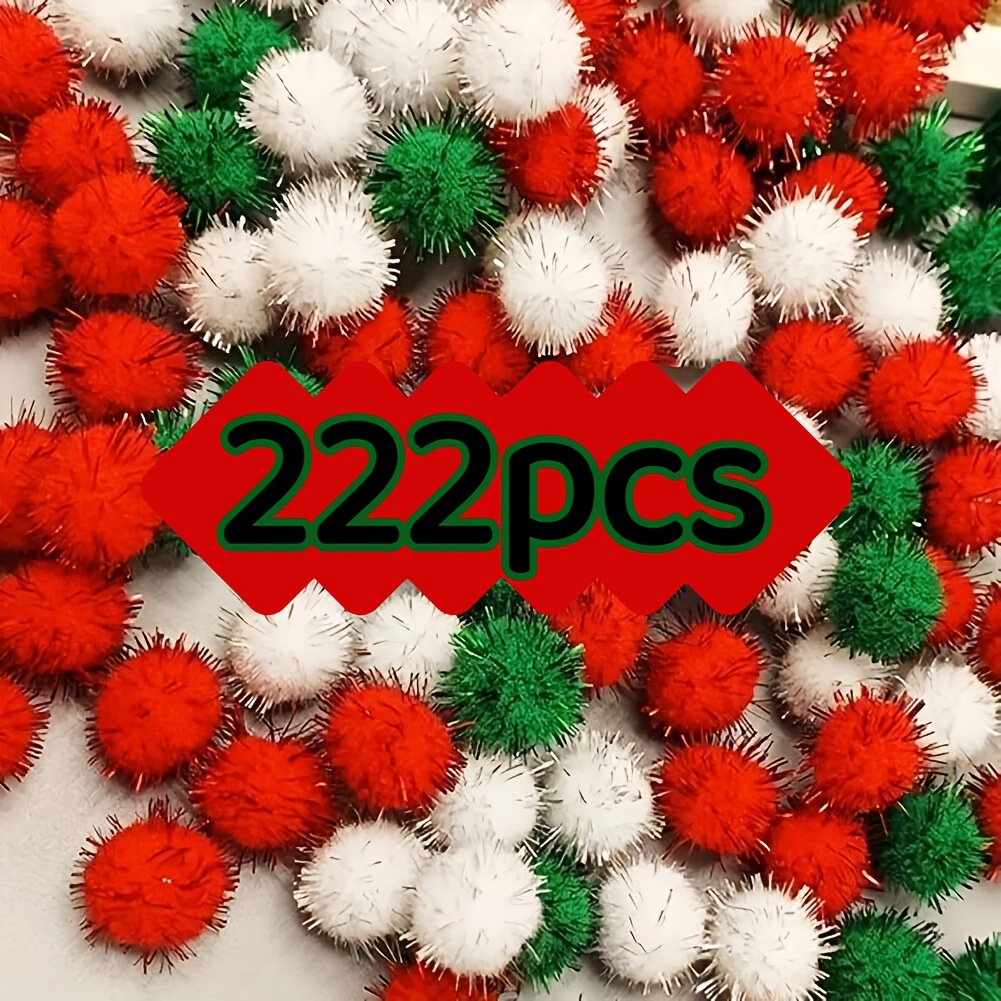 TEMU 222pcs Christmas Pom Poms Shimmering Pom Poms Christmas Metallic Velvet Balls Handmade And Hobby Supplies (white, Red, Green) 3-, Christmas