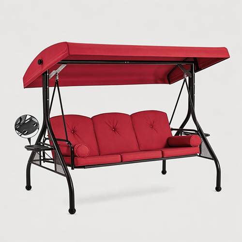 3 seat metal porch swing with reclining backrest blue red grey heavy duty 750 lbs capacity cup holders good addition to your patio deck or garden