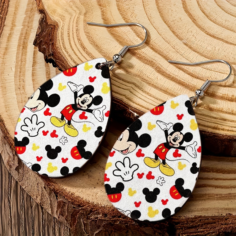 

[authorized] Disney Mickey Element Repeating Pattern Mickey Mouse Character, Teardrop Shape Print Pendant Earrings, Wooden Jewelry, Fashion Earrings