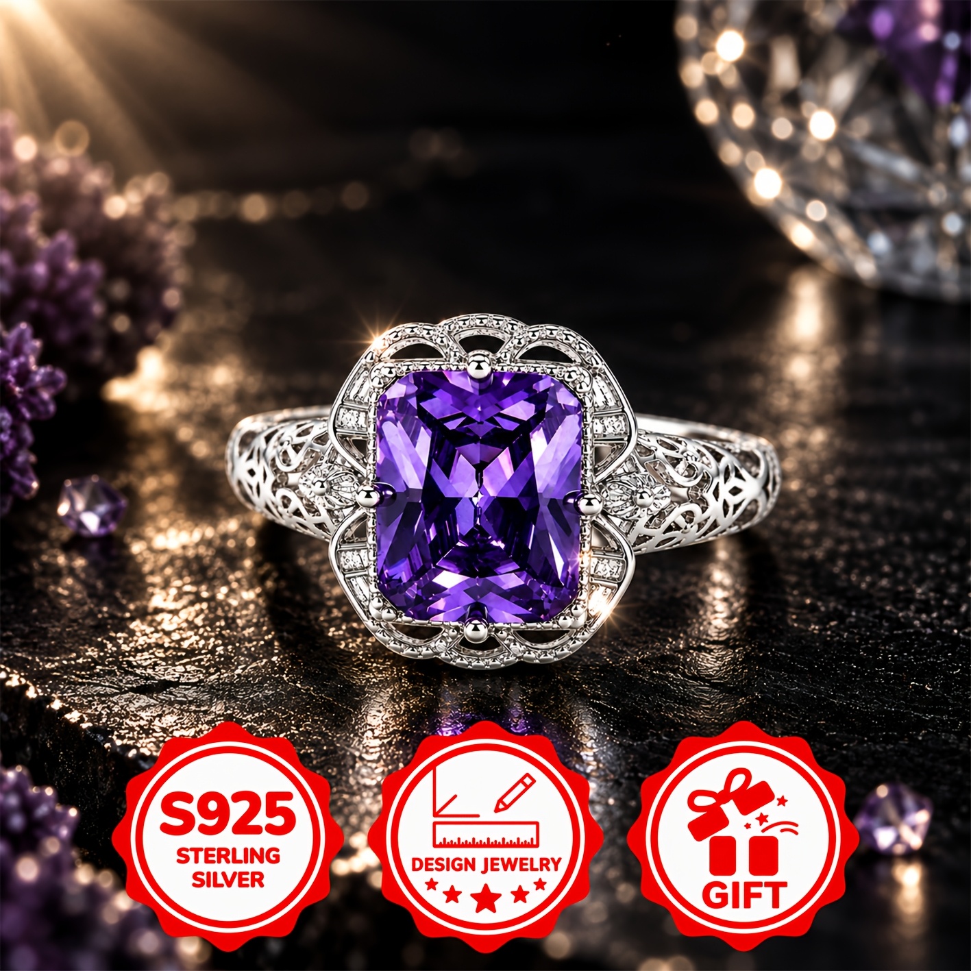 Image of S925 Silvery Floral Hollow Pillow Cut Purple Ladies Ring Intricately Carved 4 Claw Suitable As A Gift For Christmas Birthdays Anniversaries And Valentine's For Parties And Everyday Wear