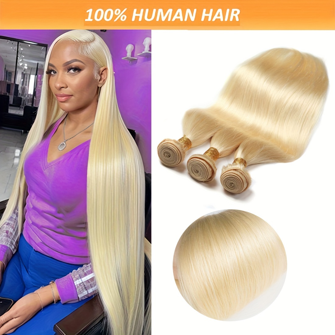 

3 Bundles Of 100% Human Hair Straight Wefts: 26, 28, 30 Inch Lengths - Perfect For Blondes - Suitable For All Hair Types