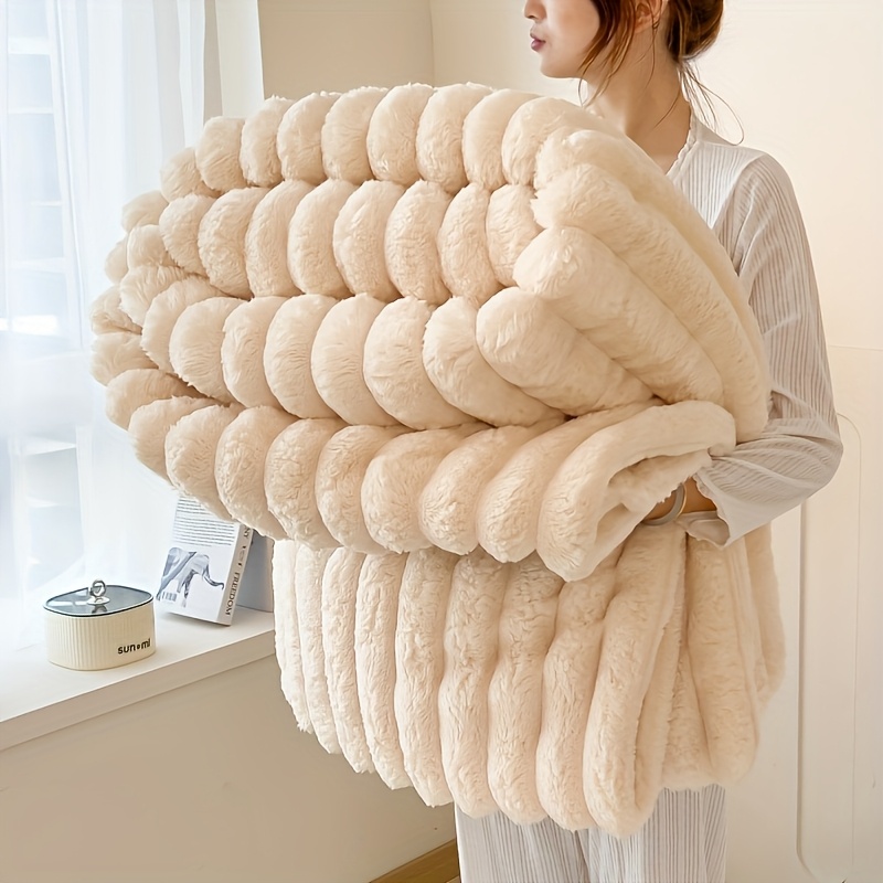 1pc versatile faux rabbit fur blanket soft double sided plush for   for bedroom living room couch bed office and travel   office   outdoor camping hiking and more   accessory soft polyester fabric