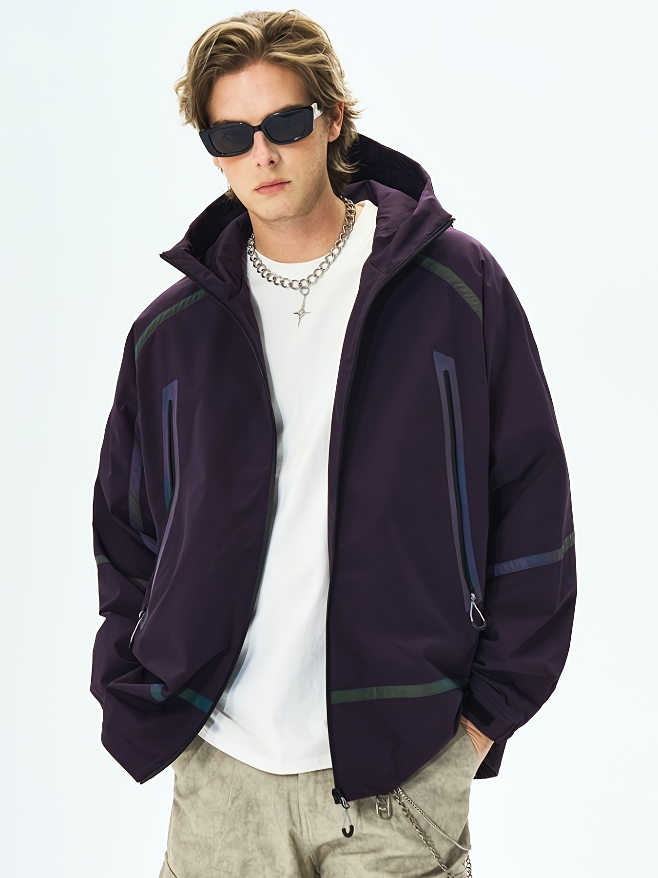 mens neon glow in dark reflective jacket full zip closure Temu