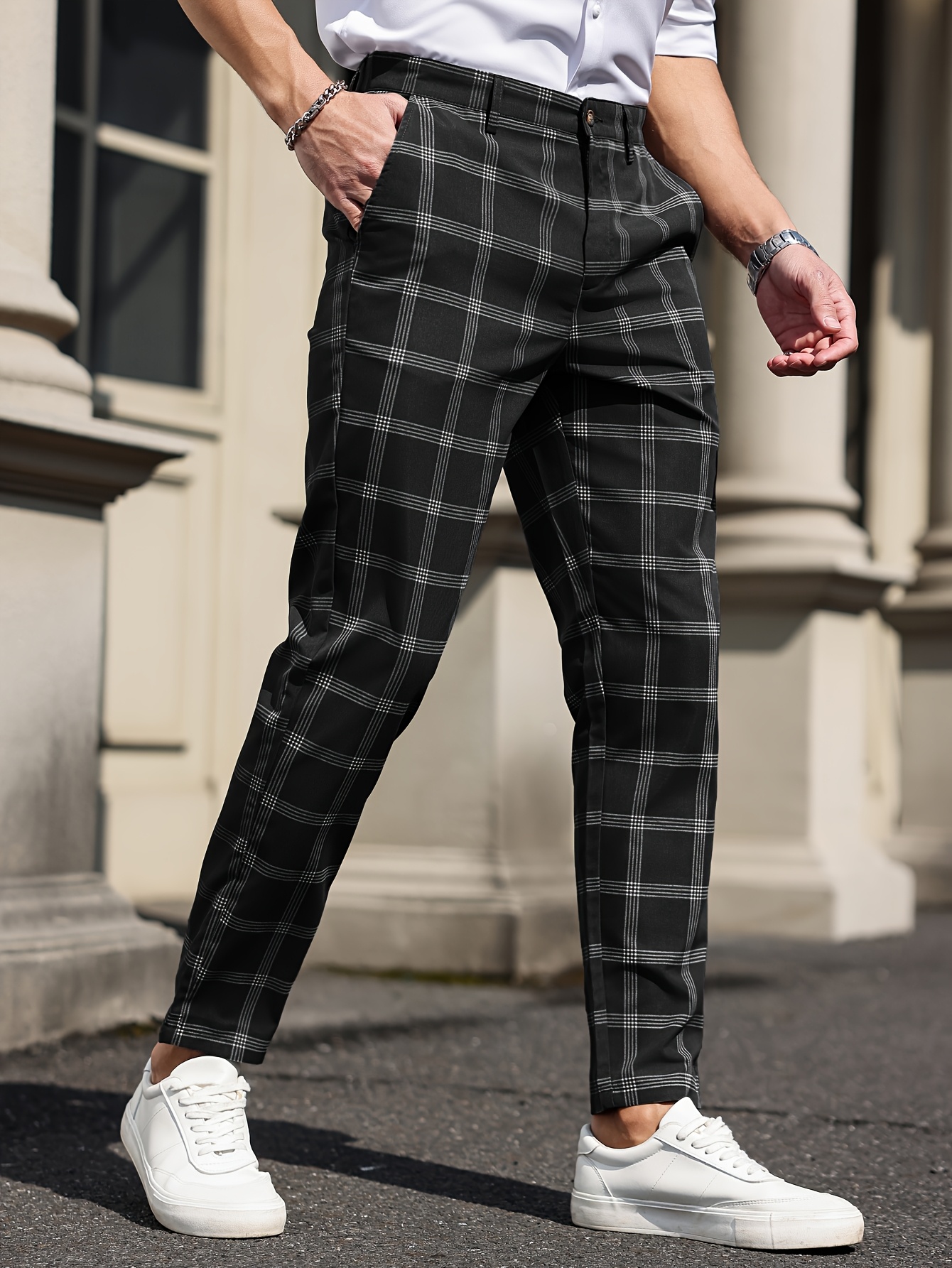 men's black white plaid fit dress pants non Temu New Zealand