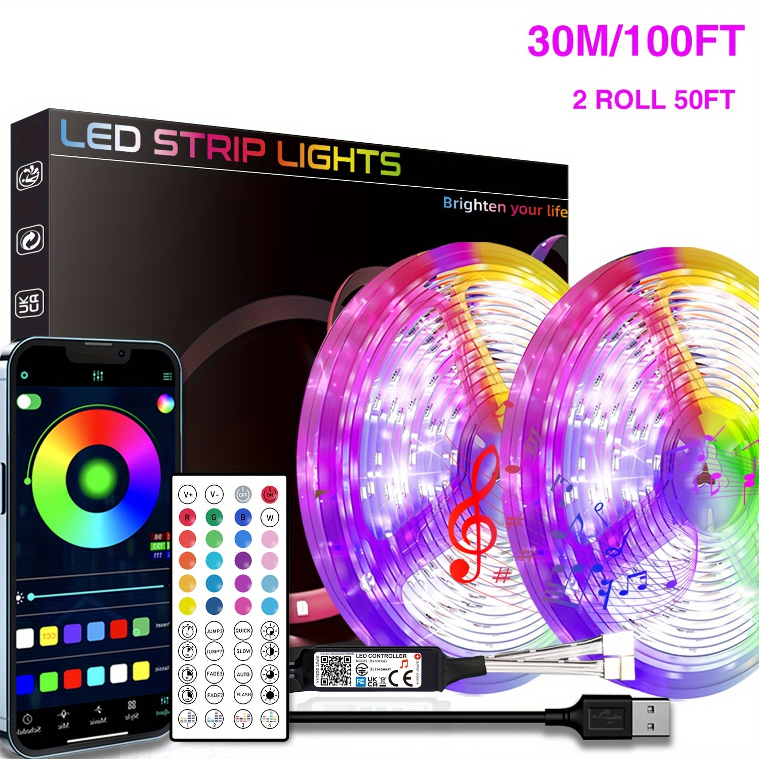 Image of Nbbuff Led Lights For Bedroom, 3ft-100ft Smart App Control Music Sync Color Changing Strip Lights With Remote And Timing, For Room Home Party Decoration