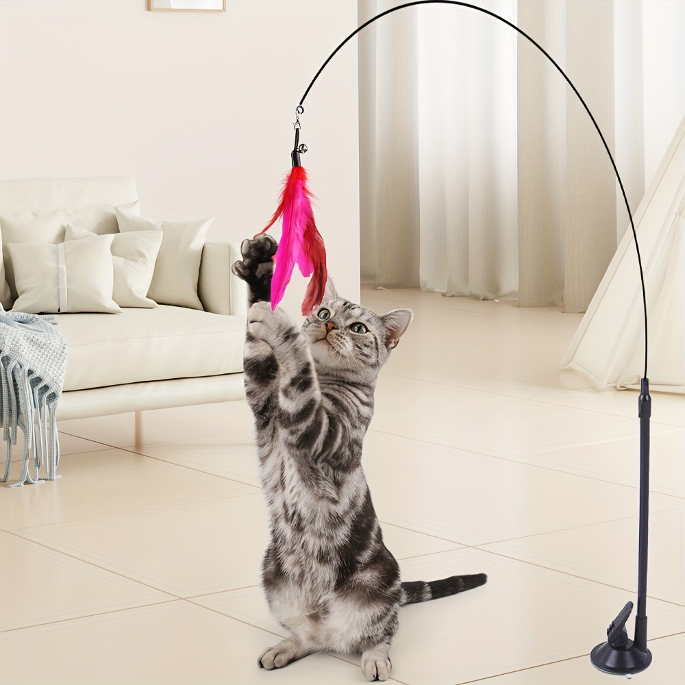 

1pc Interactive Cat Teaser Toy, Suction Cup Base & Steel Wire Rod, With Artificial Feather Combination, Polyester , For Indoor Cats, Non-electric, No Battery Required