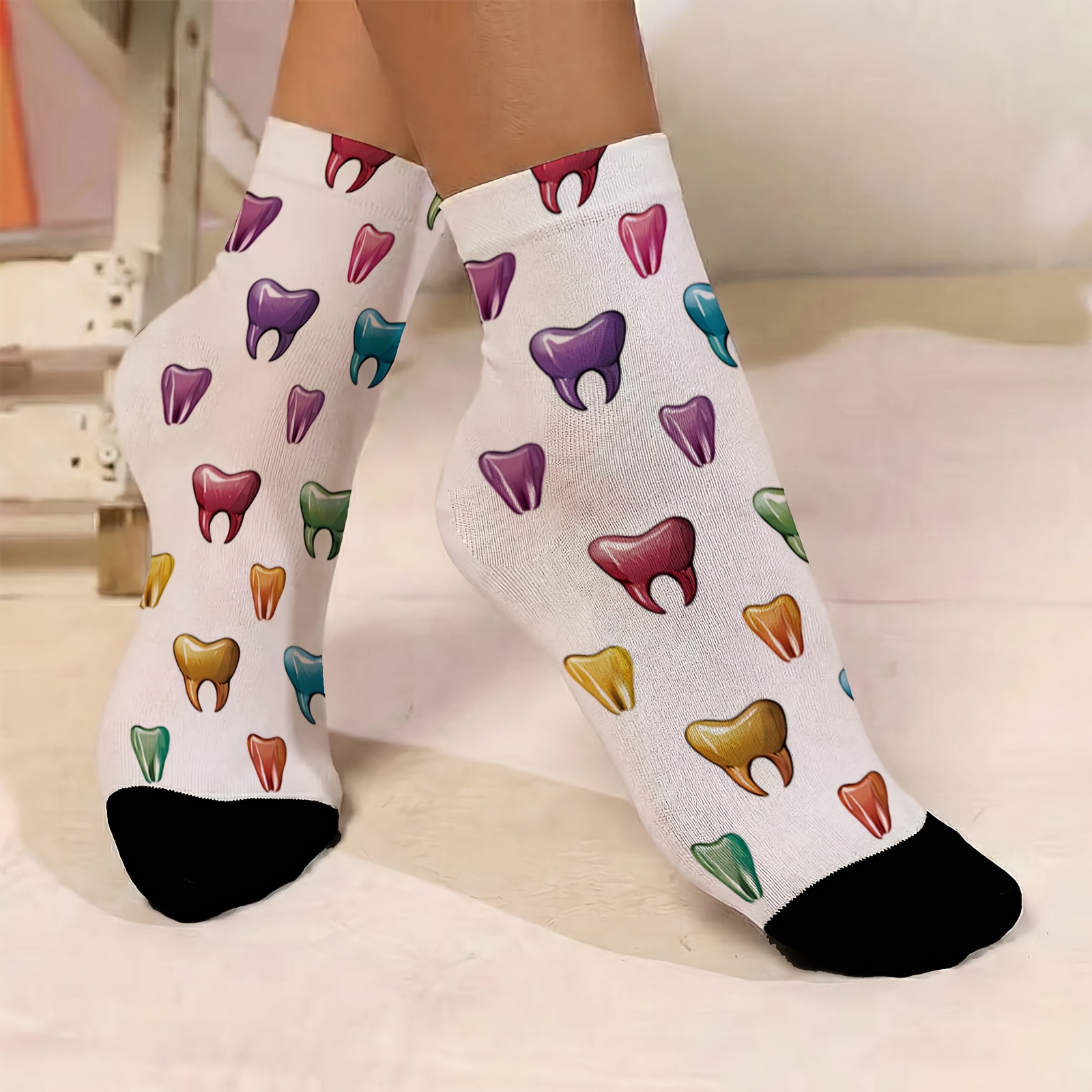 TEMU 1pair Women's Slim Thin Socks Colorful Teeth Pattern Interesting And Design Pattern New Fashionable Versatile Street Style Suitable For Casual