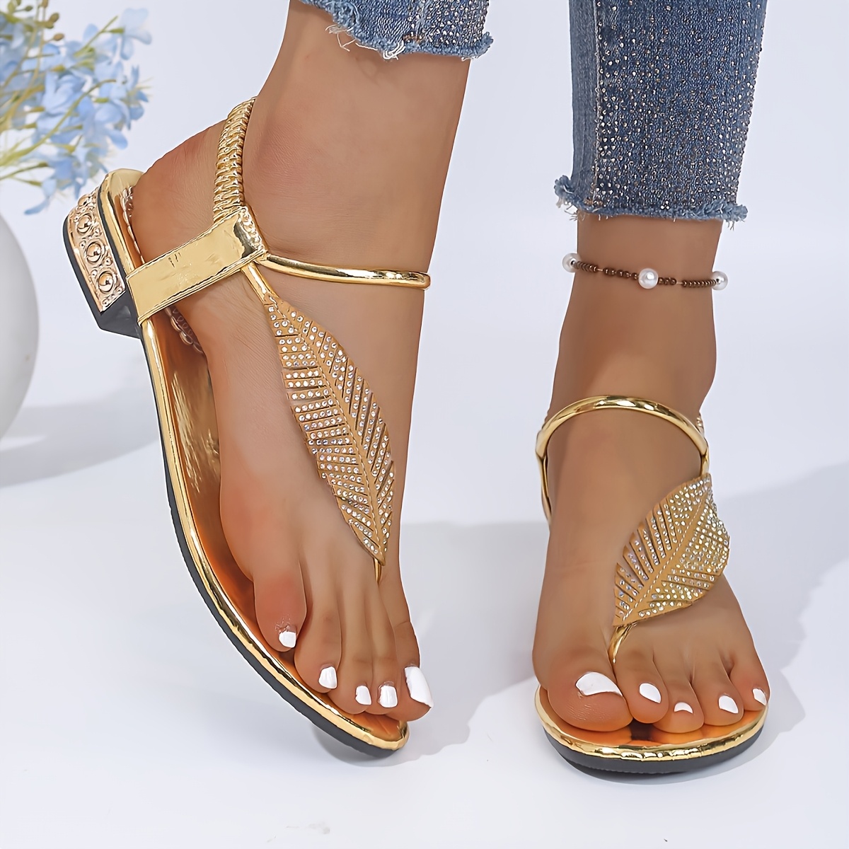 TEMU Sandales d'Été Tendance pour Femme, Sandales Compensées à Lanière de Cheville avec Motif Feuille Strass Haut de Gamme, Chaussures Plates