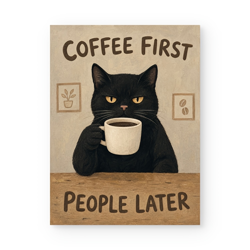 TEMU 2d Flat, - Vintage Funny Black Cat Suitable, Neutral Beige Vertical Wall Art, Unframed Textured Canvas Decor For Home, Office, Coffee Nook -