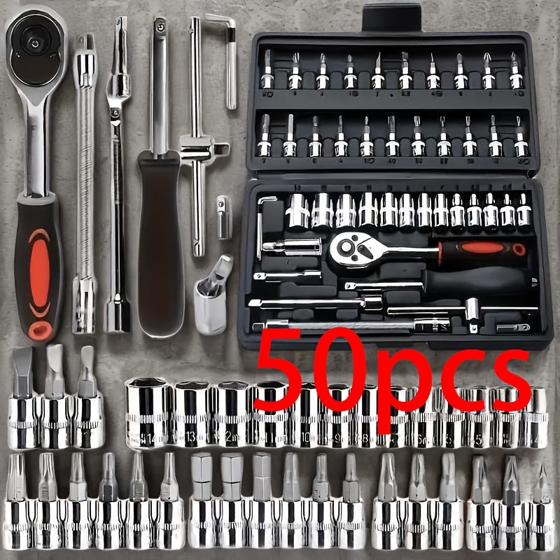 TEMU New Upgraded 50/63/226pcs Car Repair Tool Set, Ratchet Wrench, 1/2", 1/4", 3/8" Sae Metric Socket Wrench Set, Professional Engineer Maintenance
