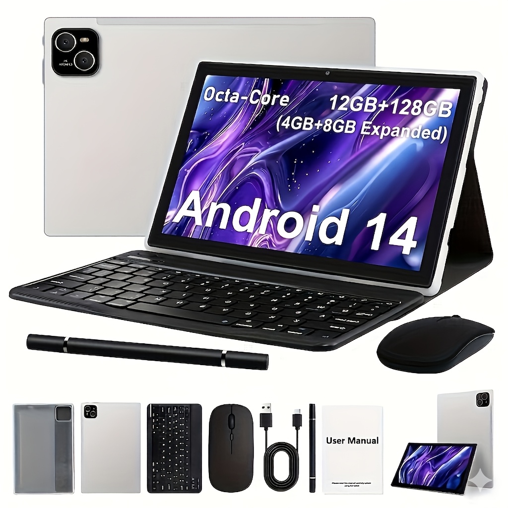 imagen del artículo tableta   de 10.1 pulgadas con   operativo   14, tableta   con teclado, ratón,  , lápiz óptico, 128 gb de rom, 12 gb (4 gb + 8 gb) de  , cámara dual, pantalla ips   definición de 1280 * 800, tableta gms, para  , tableta, pad,   a prueba de golpes