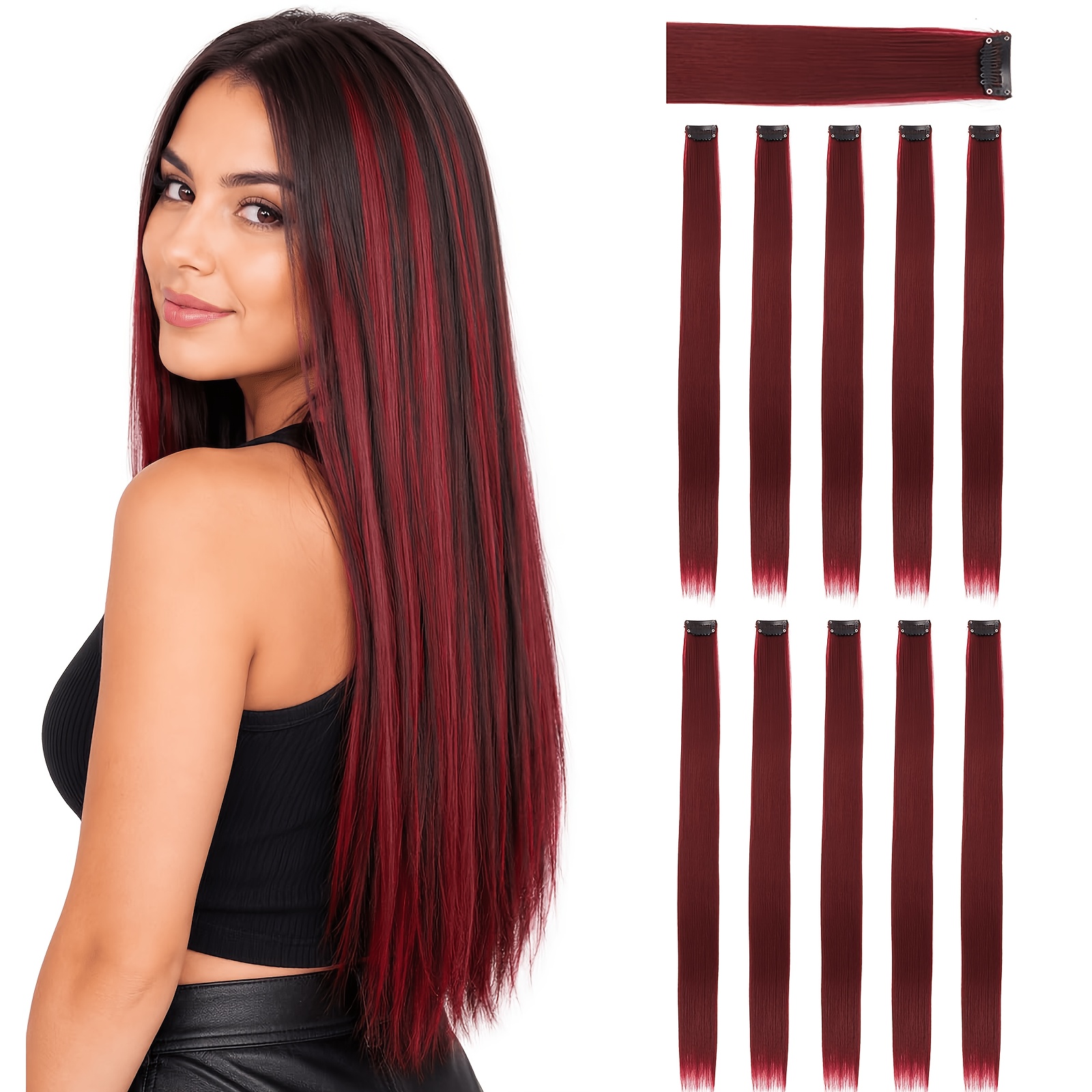 TEMU Lot de 10 Extensions de Cheveux | Extensions à Clips de 24" | Extensions de Cheveux et Raides Colorées à Clips | Mèche de Cheveux Synthétiques