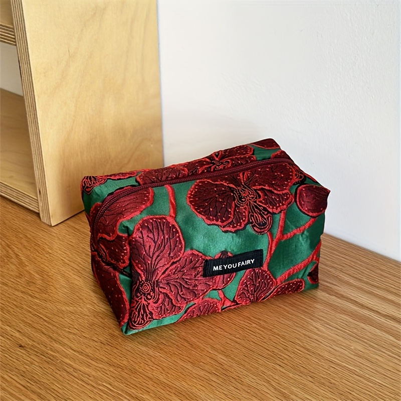 Image of Vintage 3d Relief Pomegranate Flower Makeup Bag, Women's Travel Essential, Skincare Organizer, Cosmetic Pouch, Coin Lipstick Makeup Bag, Travel Organizer, Sanitary Pad Pouch, Zippered Makeup Bag
