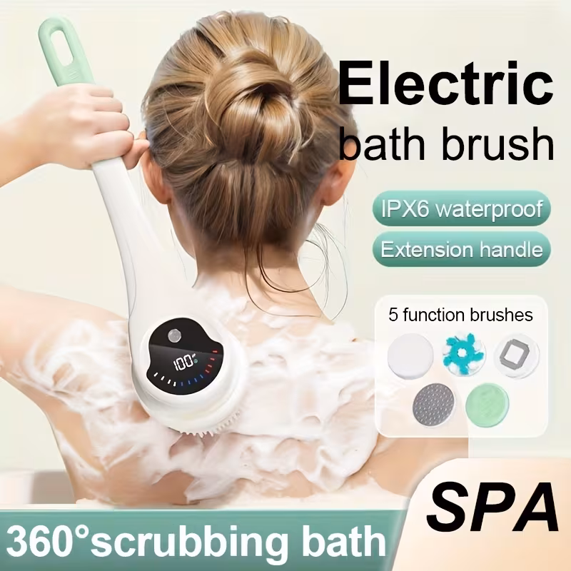 the electric rotating body brush is with 5 brush heads and charged via usb with comfortable bristles that are the skin and cause any it offers a more comfortable and convenient bathing experience Product details 0