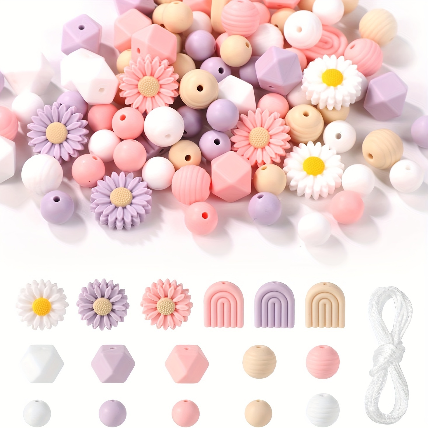 

100pcs Perles en Silicone Marguerite, Perles en Silicone Rondes en de Fleur de Marguerite avec Corde en Nylon pour la Fabrication de Bijoux DIY Porte-clés Bracelets (4 Couleurs)