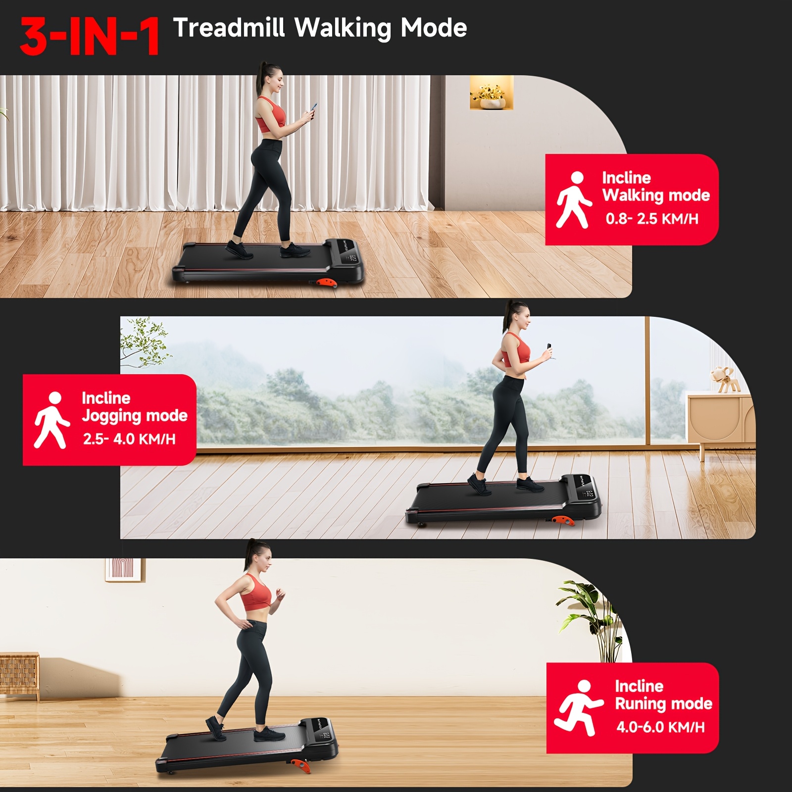 RHYTHM FUN 3-in-1 Walking Pad Inclined Treadmill with 3-Level Gradient Selection, 300 lbs Capacity, LED Display & Remote Control - Portable Under-Desk Treadmill for Home Gym, Office, Christmas Thanksgiving Gifts, Treadmill for Exercise, Spaceefficient Design, Sturdy Construction