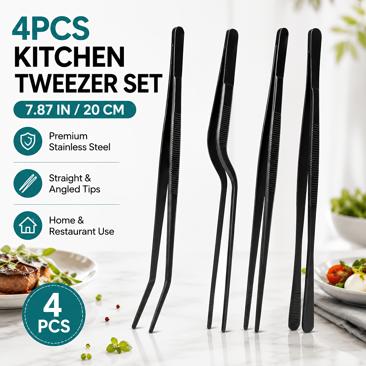 TEMU 4pcs 7.87-inch Black Kitchen Tweezer Tongs Set, Premium Stainless Steel Straight & Angled Precision Cooking Tweezers For Meat, Pasta, Seafood,