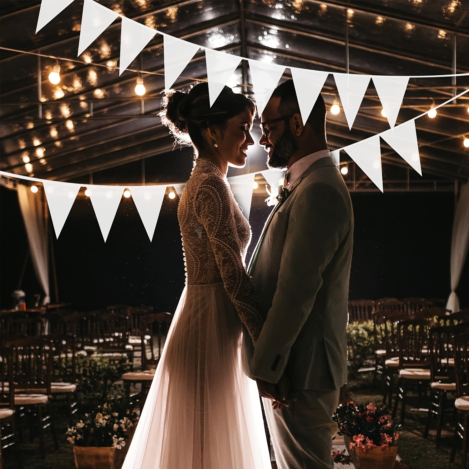 White Bunting Flags 32ft/10m Flags With 40pcs Triangle Fabric For Wedding Baby Bridal Shower Birthday Engagement Anniversary Parties.