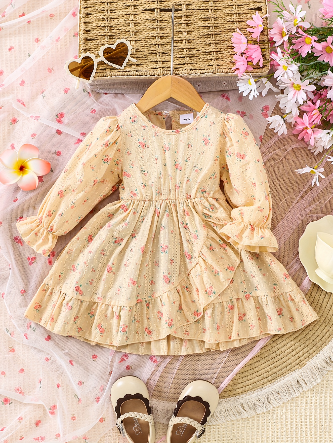 1pc Girls Comfortable Cotton Jacquard Floral Pattern Spliced Dress