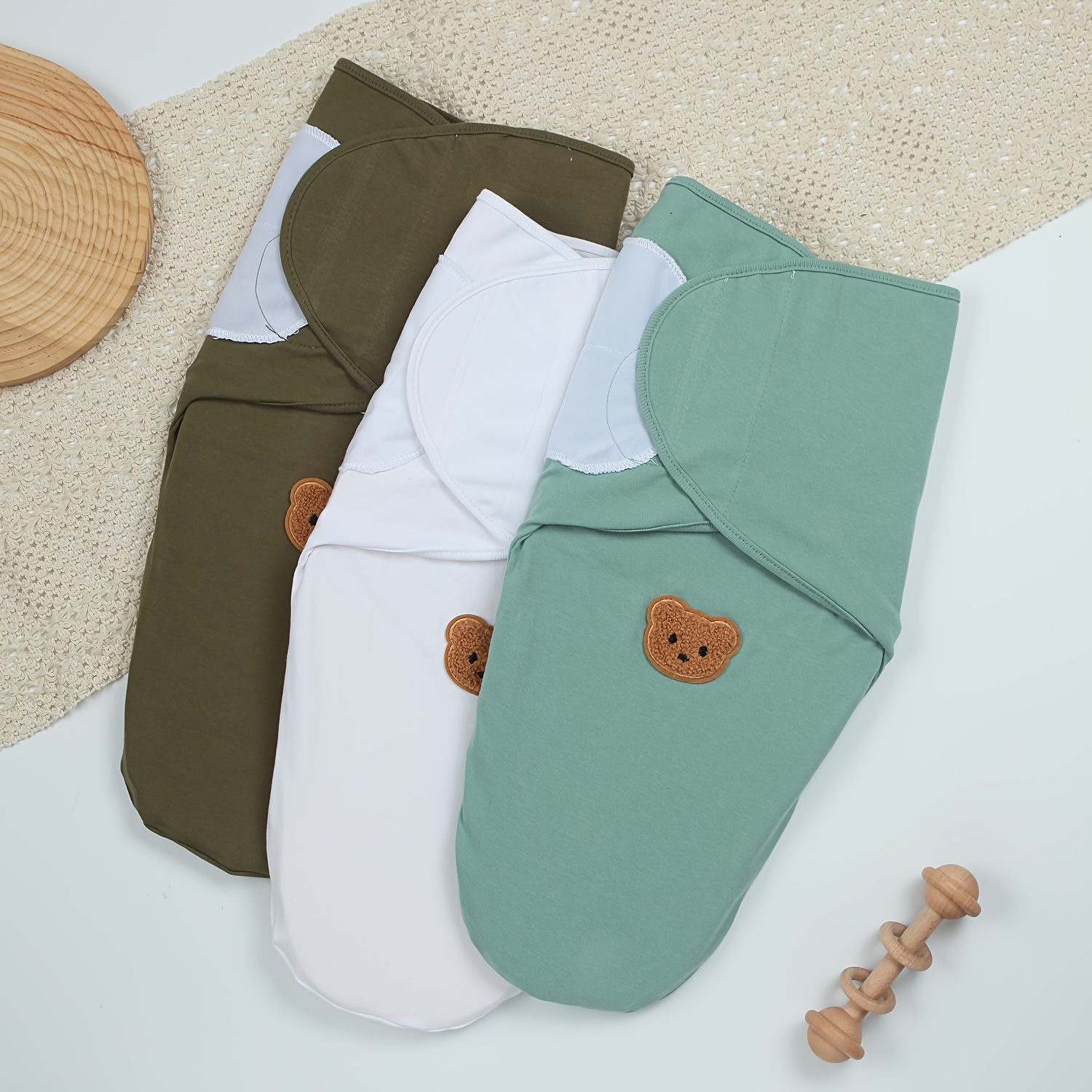 3pcs Baby Pure Swaddle Set, Bear Applique Design, Soft And Comfortable, Suitable for 0-3 Month Old Babies, Baby Swaddling Blanket, Universal for All Seasons, Newborn Supplies