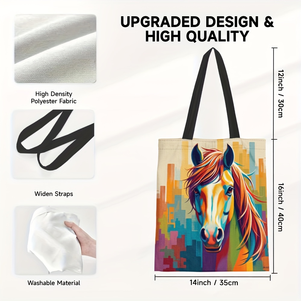 TEMU 1pc, Stylish And , Colorful Horse Print Large Capacity Tote Bag, Perfect For Women, Designed For Shopping, Travel, And Daily ,reusable Grocery