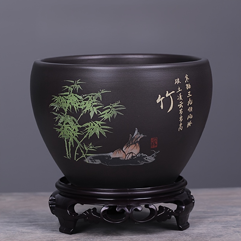 

Traditional Oval Ceramic Planter With Bamboo & Animal Design, Floor Mount With Drainage Hole, Indoor/outdoor Compatible, Includes Accessory Tray