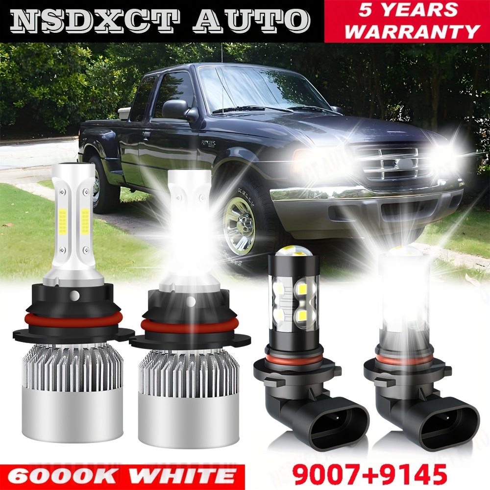 Led Headlight And Fog Light Combo For Ford 2001-2011 - Includes 9007 And 9005/9006 Led High And Low Beam Headlights Plus Fog Light Bulbs - 6000k Daylight White - - 4pcs Set, Without Battery