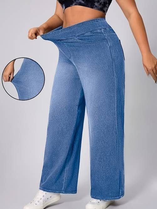 plus size womens jeans ladies washed casual high waist elastic waistband loose fit denim pants and clothing versatile elegant wide leg jeans for women