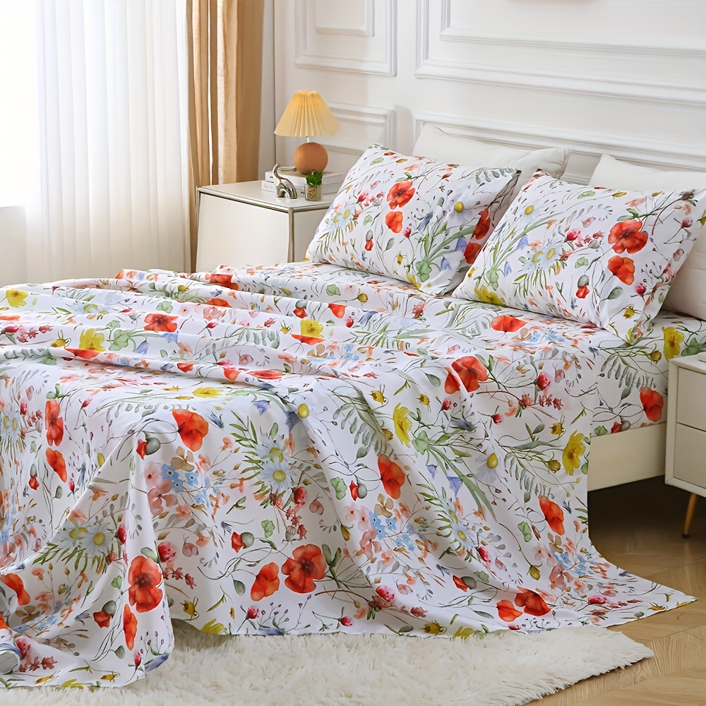 TEMU 4pcs Lightweight Reversible Bed Sheet Set 1100s - Floral Microfiber Bedding For Summer, Soft And Breathable With Botanical Prints, Zipper