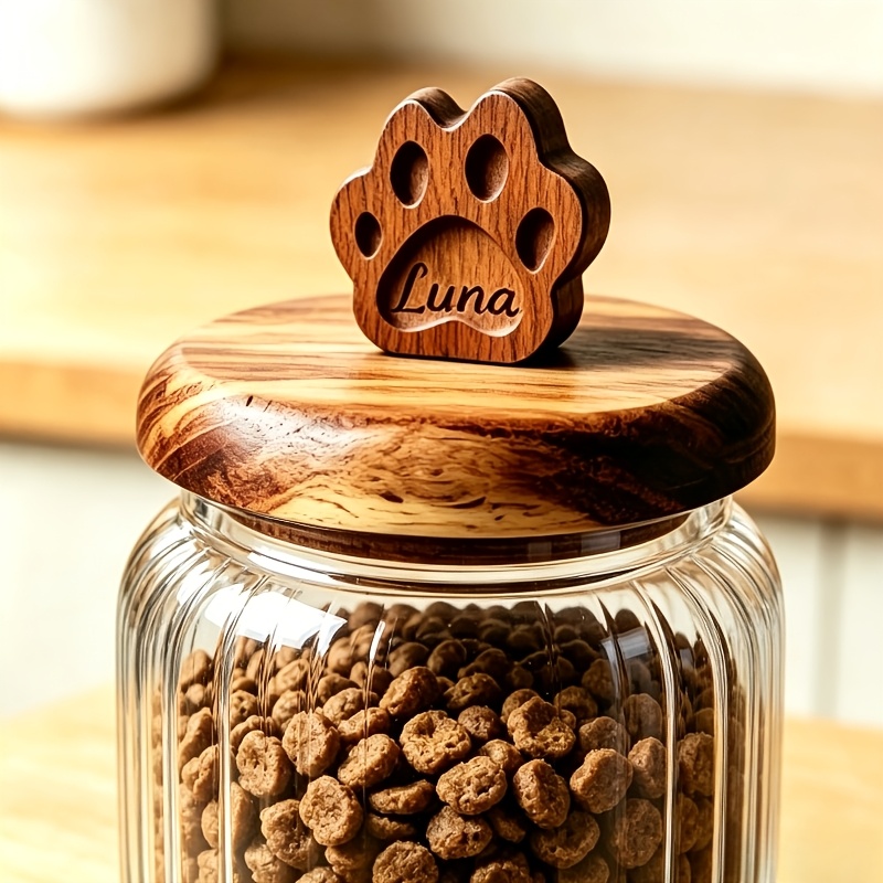 TEMU Premium Personalized Glass Pet Treat Canister, Acacia Bamboo Lid With 3d Paw Topper, Custom Engraved Name On Paw Ornament, Airtight Glass Snack