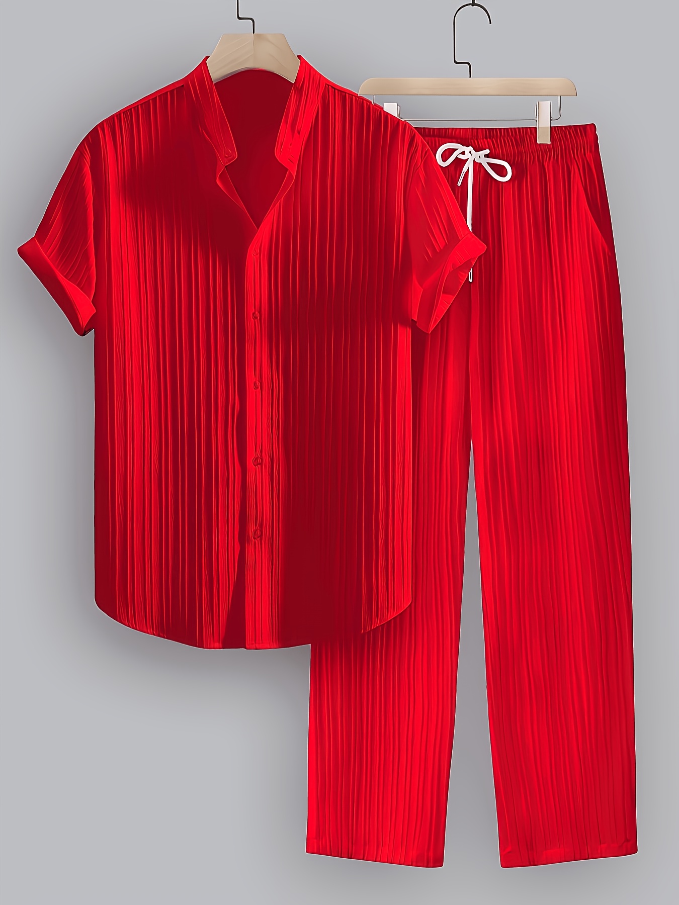 2pcs Men's Summer Striped Polyester Set, Short-Sleeve Stand Collar Shirt and Drawstring Pants, Non-Stretch Fabric, Suitable for Casual Wear and Beach Vacations, Solid Color